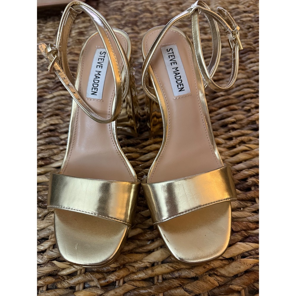 Steve Madden Laudre Gold Metallic Rhinestone Block Heel Platform Sandals 6.5M